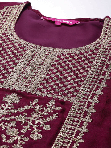 Varanga Women Burgundy Heavy Zari Embroidered Kurta With Bottom And Dupatta